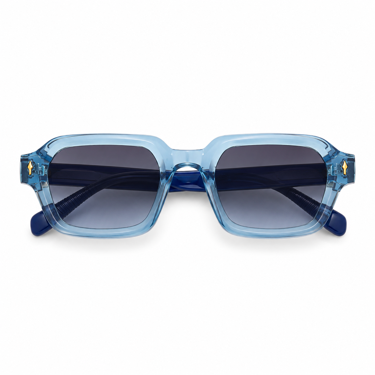 Blue sunglasses with a clear frame on a white background